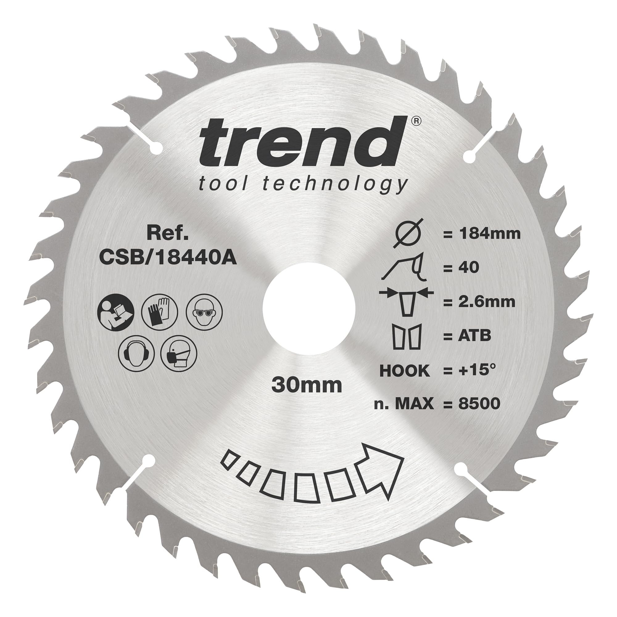 Trend Wood Circular Saw Blade, 184mm Diameter, 30mm Bore, 40 Teeth, 2.6mm Kerf, +15° Hook, TCT, Fine Finish, CSB/18440A