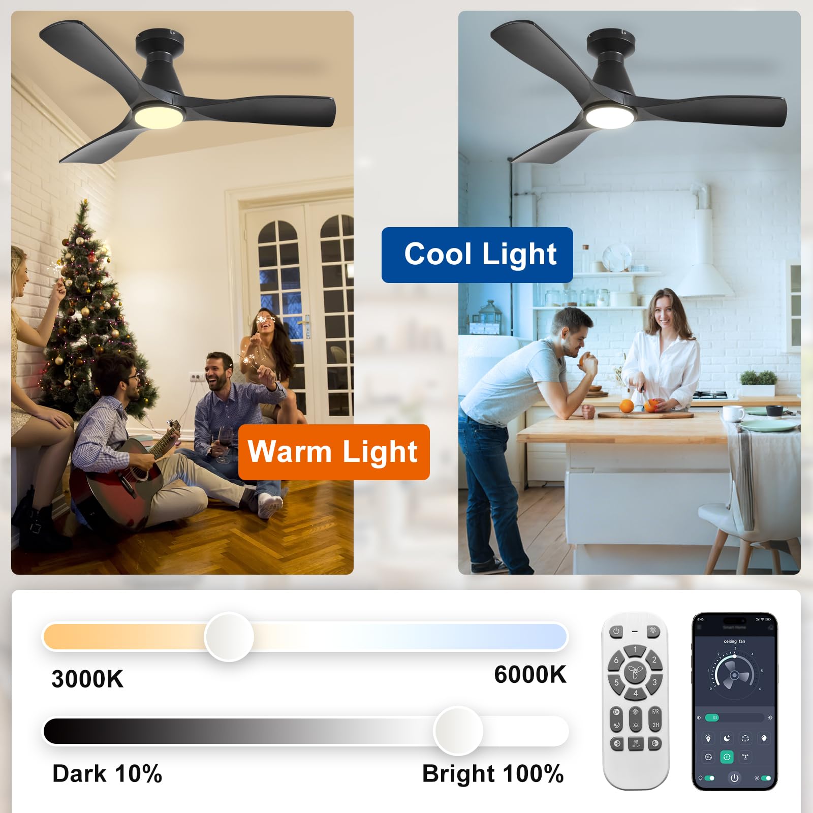 Depuley 42-Inch Ceiling Fans with Lights: Black 3 Blade Flush Mount Low Profile Ceiling Fan for Bedroom - Dimmable Indoor Outdoor Fan with Remote APP Control Ultra Quiet DC Motor Timer