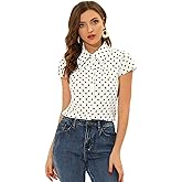 Allegra K Women's Vintage Polka Dots Shirt Retro Short Sleeve Button Up Tops