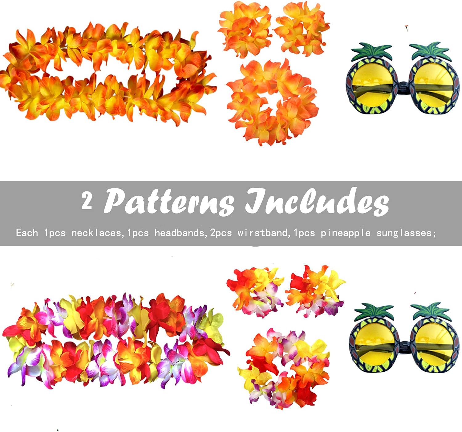HBell 10 Pieces Hawaiian Leis Pineapple Sunglasses Set,Hawaiian Fancy Dress Hawaiian Garland Necklace Headbands and Wristbands,for Hawaiian Themed Party Summer Beach Tropical Party Decorations - Image 4