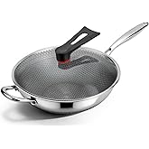 Boryenty Wok Pan 12 Inch with Standing Lid, 18/10 Stainless Steel Honeycomb Wok, Hybrid Stir Fry Pan with Flat Bottom, Physical Non-Stick Structure, Induction Compatible, Dishwasher & Oven Safe