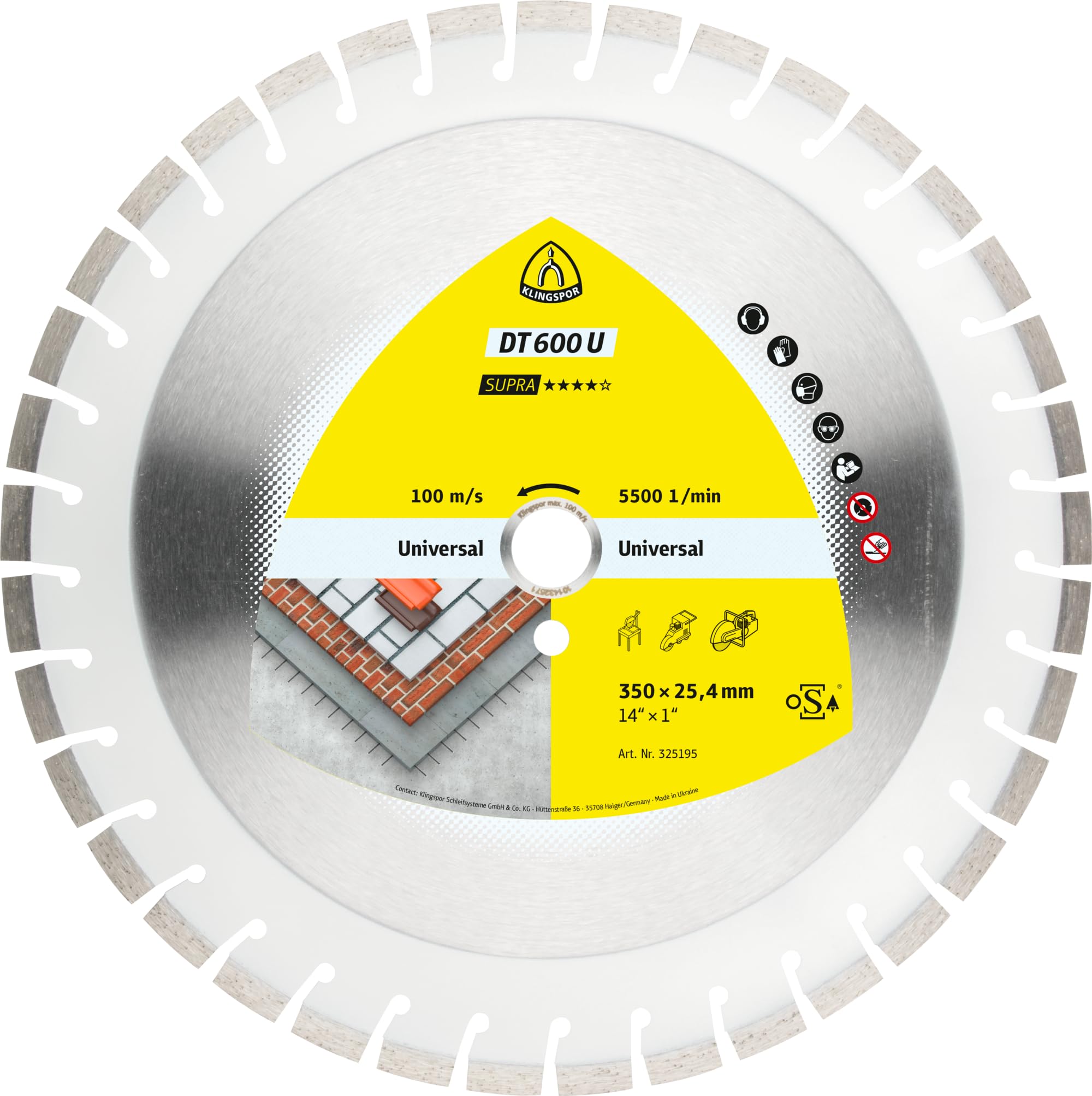 Klingspor diamond cutting disc DT600U Supra for motorized disc grinders, mounting 20 mm, diameter 350 mm, 325194