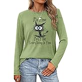 It's Fine I'm Fine Everything is Fine Funny Cat Printed T-Shirt for Women Long Sleeve