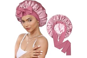 CHLINS Satin Bonnet for Sleeping Cap Double Layer Hair Bonnet with Elastic Tie Band for Curly Hair Night Cap (Bean Paste + Pink)