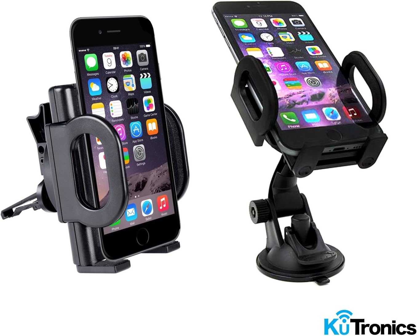 (KuTronics) 2X1 Universal Car Mount & GPS Mount, Secure Phone/GPS to Windshield or Air Vent, Padded, Adjustable Grips, Fits iPhone 6s Plus 6s 5s 5c Samsung Galaxy S7 Edge S6 S5 Note 5,4
