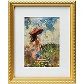 Wontree 8x10 Picture Frame Ornate in Gold with Bead Border and Central Rope, Solid Wood with Real Glass, Display 8x10 Photo Matted to 5x7, Vertical and Horizontal for Desk Tabletop or Wall Hanging