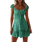 YOBECHO Womens Summer Sexy Sweetheart Collar Printed Ruffle Mini Dress
