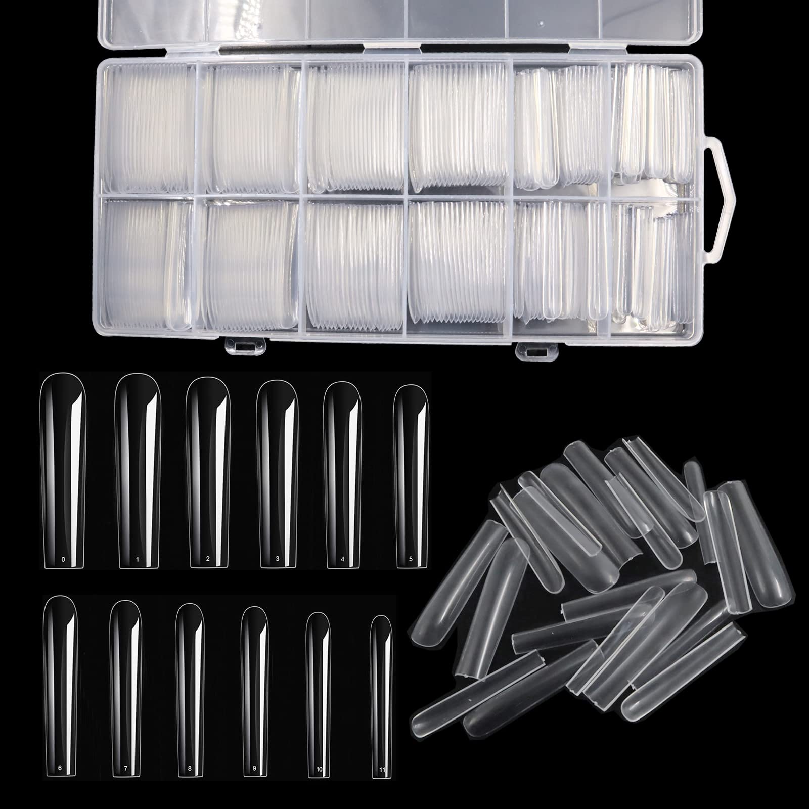 LELE LIFE 240 PCS 12 Size 3XL Tapered Square Full Cover Nail Tips, Extra Long Clear Nail Tips for Acrylic Nails Professional, No C Curve Fake Nail Tips with Box for DIY Salon, Style A