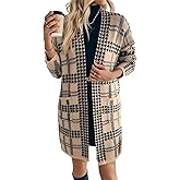 SunnyMelody Womens Houndstooth Long Cardigan 2025 Fall Winter Loose Fit Open Front Outwear Casual Plaid Sweaters Cardigans
