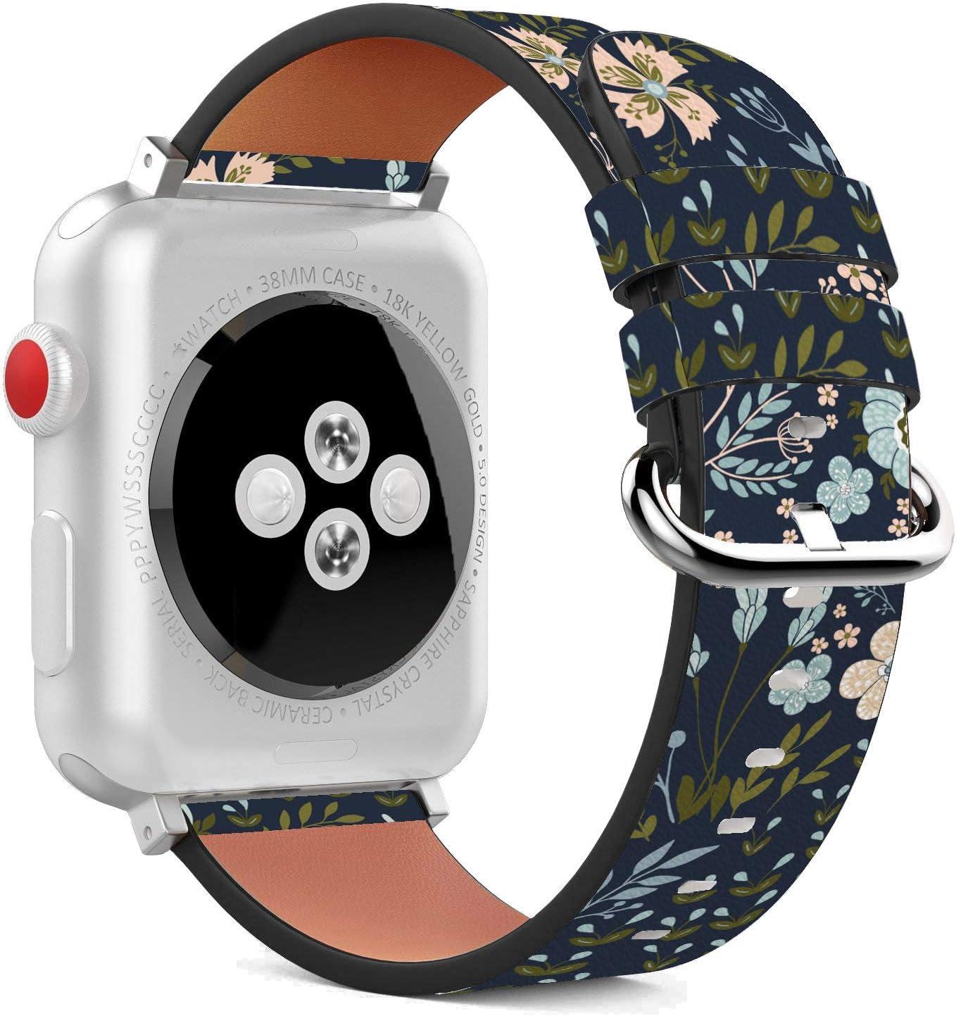 Compatible with Apple Watch - 38mm / 40mm (Serie 5,4,3,2,1) Leather Wristband Bracelet with Stainless Steel Clasp and Adapters - Classy Navy Blue Flowers