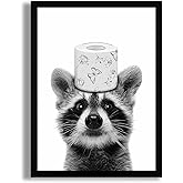 SYWENNOI Framed Black and White Bathroom Canvas Wall Art, Funny Toilet Paper Raccoon Wall Decor, Farmhouse Humor Animal Art Prints for Restroom Decoration Ready to Hang 12x16 Inches