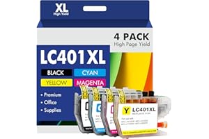 TONER H-PARTY LC401XL LC401 MFC-J1010DW Ink Cartridges for Brother Printer 401XL LC 401 for MFC-J1010DW MFC-J1170DW MFC-J1012DW MFC-J1800DW MFC J1010DW - 4 Pack High Yields Black Cyan Magenta Yellow