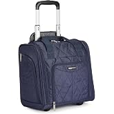 Amazon Basics Underseat Carry-On Luggage with Wheels, 14" Rolling Travel Bag, Fits Under the Seat with Multiple Pockets and Compartments, Navy Quilted