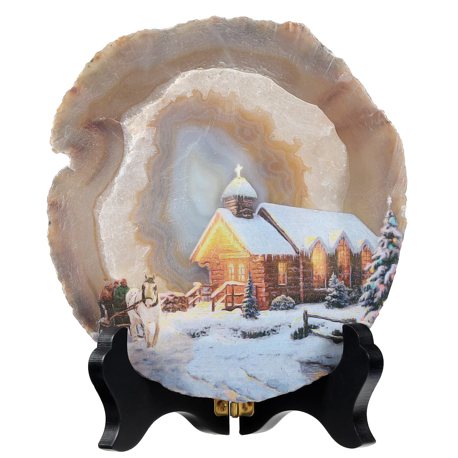 mookaitedecor Christmas Eve Art Print Natural Agate Slice Stone Ornament with Wooden Stand for Good Luck Home Office Decor, Healing Crystal Housewarming Gift Christmas Winter Art Deco Decoration