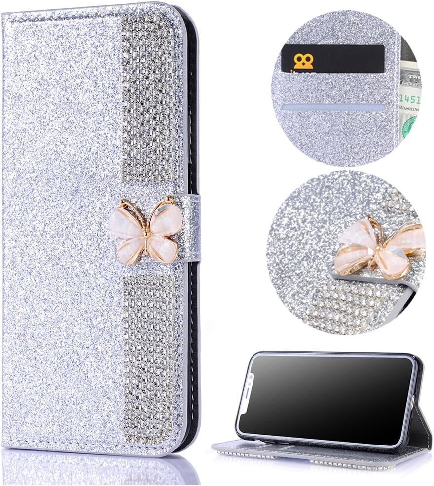 Stysen Galaxy A3 2016 Wallet Case,Bling Silver Bookstyle with Strass Butterfly Bowknot Buckle Protective Wallet Case Cover for Samsung Galaxy A3 2016-Diamond,Silver