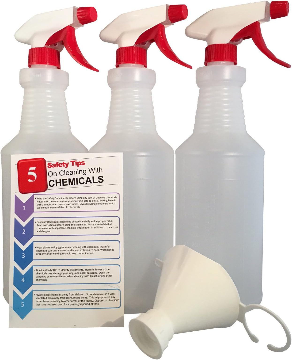 32-Oz Heavy-Duty Industrial Janitorial Spray Bottle with Red Adjustable Spray Head (Pack of 3) with Funnel and Safety Information
