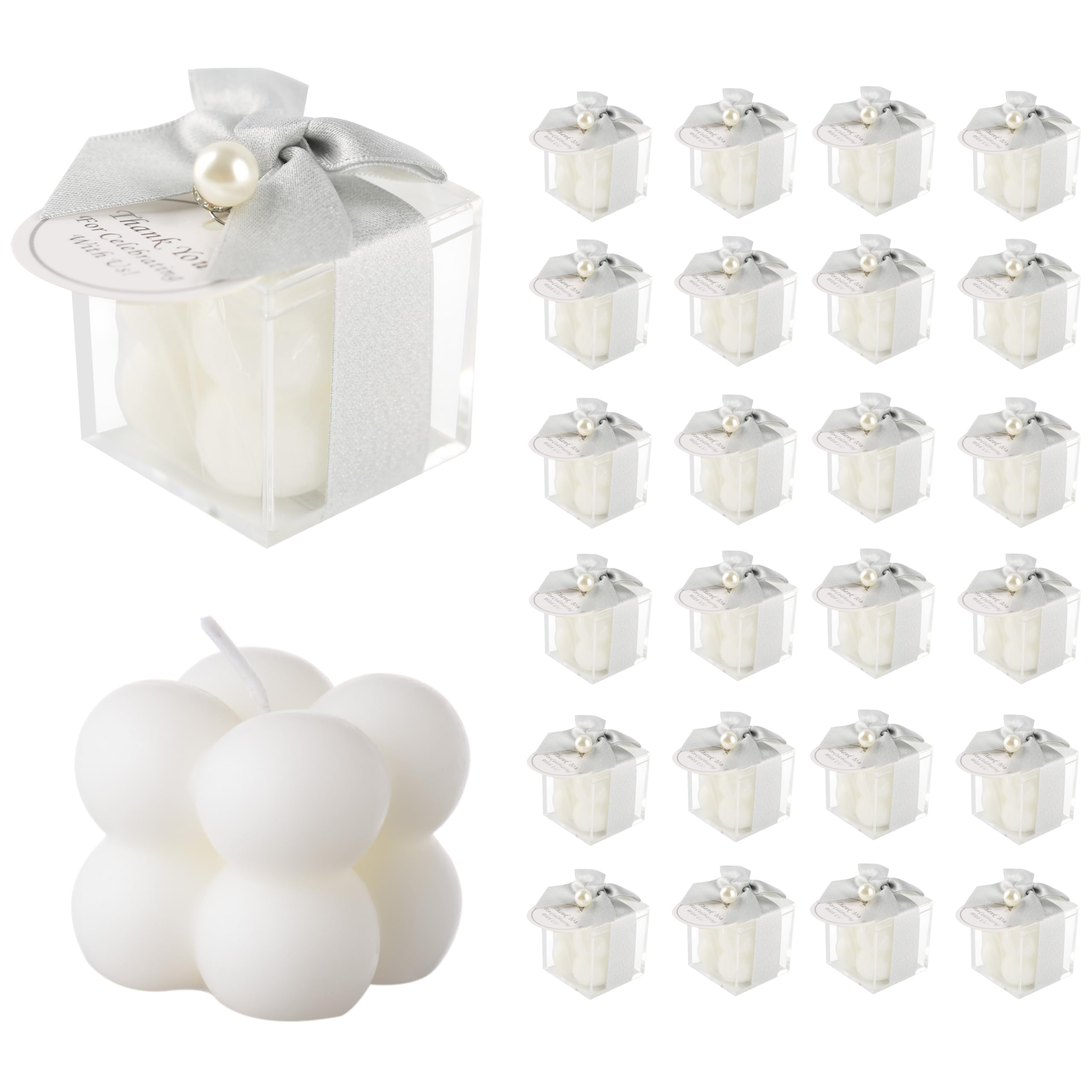Photo 1 of ACITHGL 30 Sets Small Bubble Candle Wedding Candles Favors for Guests Bulk Bridal Shower Favors Candles with Stylish Ribbons Thank You Cards Gifts (Shimmering Silver)