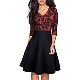HOMEYEE Women's Chic V-Neck Lace Patchwork Flare Party Dress A062