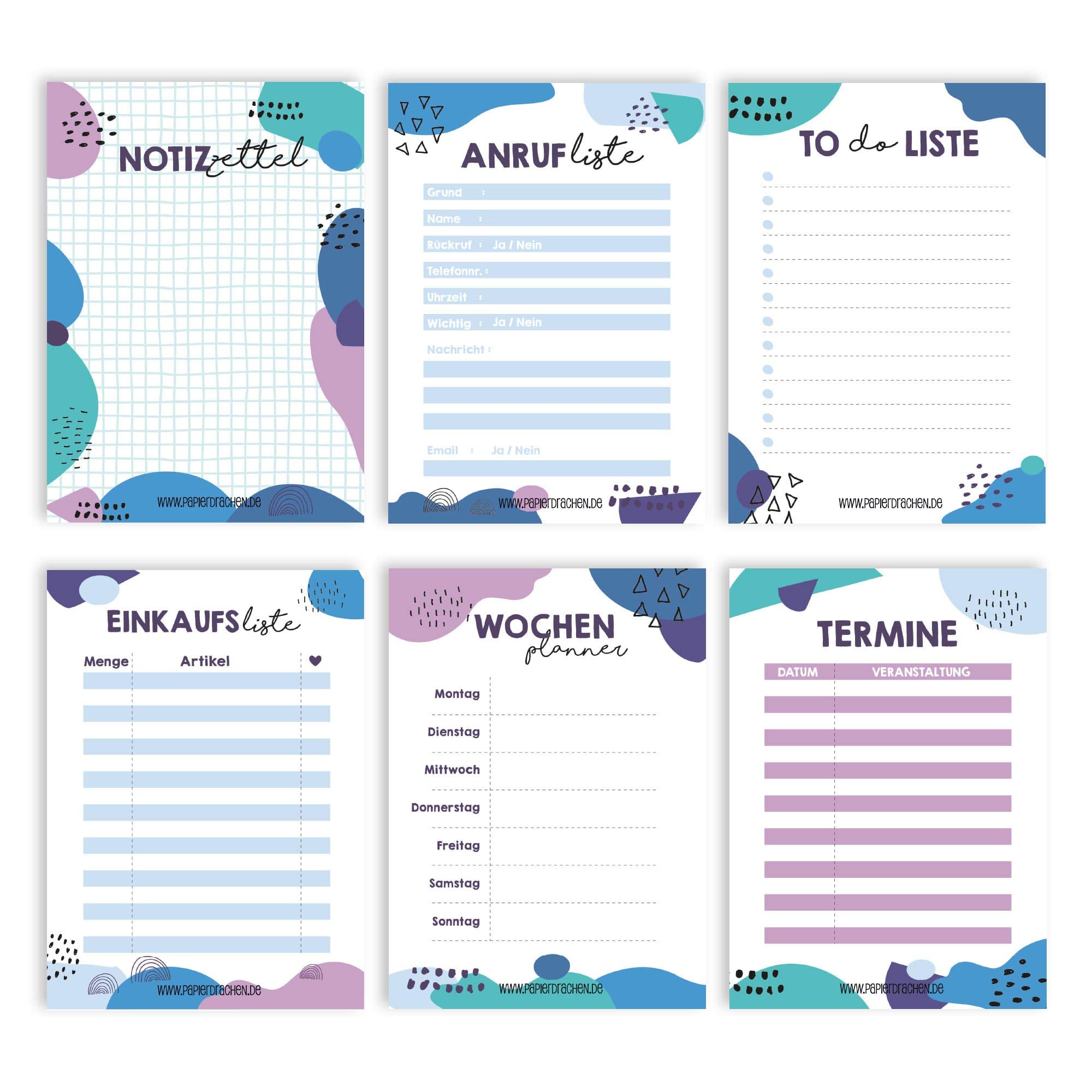 Papierdrachen 2016 A6 Notepad Set of 6 - Planner, Weekly Planner, To Do List, Calls, Notes, Shopping Lists - Abstract Colourful