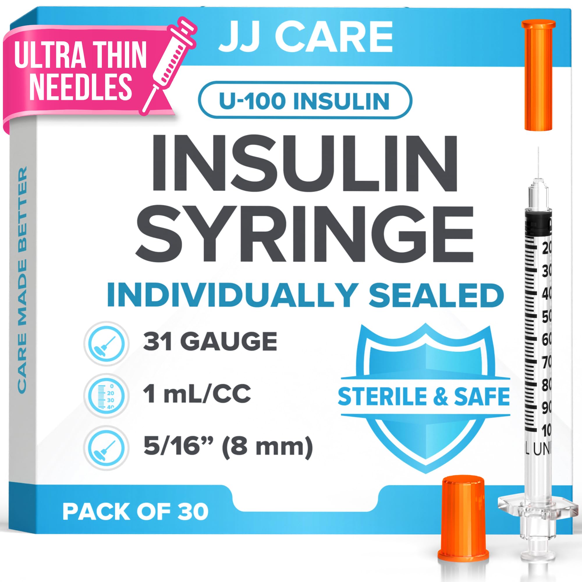 Photo 1 of **PARTIAL SET**JJ CARE Insulin Syringe (Pack of 30) 1cc/ml 31G 5/16", U-100 Insulin Syringes, Ultra Fine Single Use Insulin Needles, Disposable & Sterile Diabetic Syringes, Individually Wrapped
