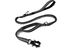 Joytale Tactical Dog Leash Heavy Duty, 4-6FT Shock Absorbing Bungee Lead with 2 Padded Handle, Metal Carabiner Clip, Car Seatbelt, Strong No Pull Leash for Medium Large X-Large Dogs, Black