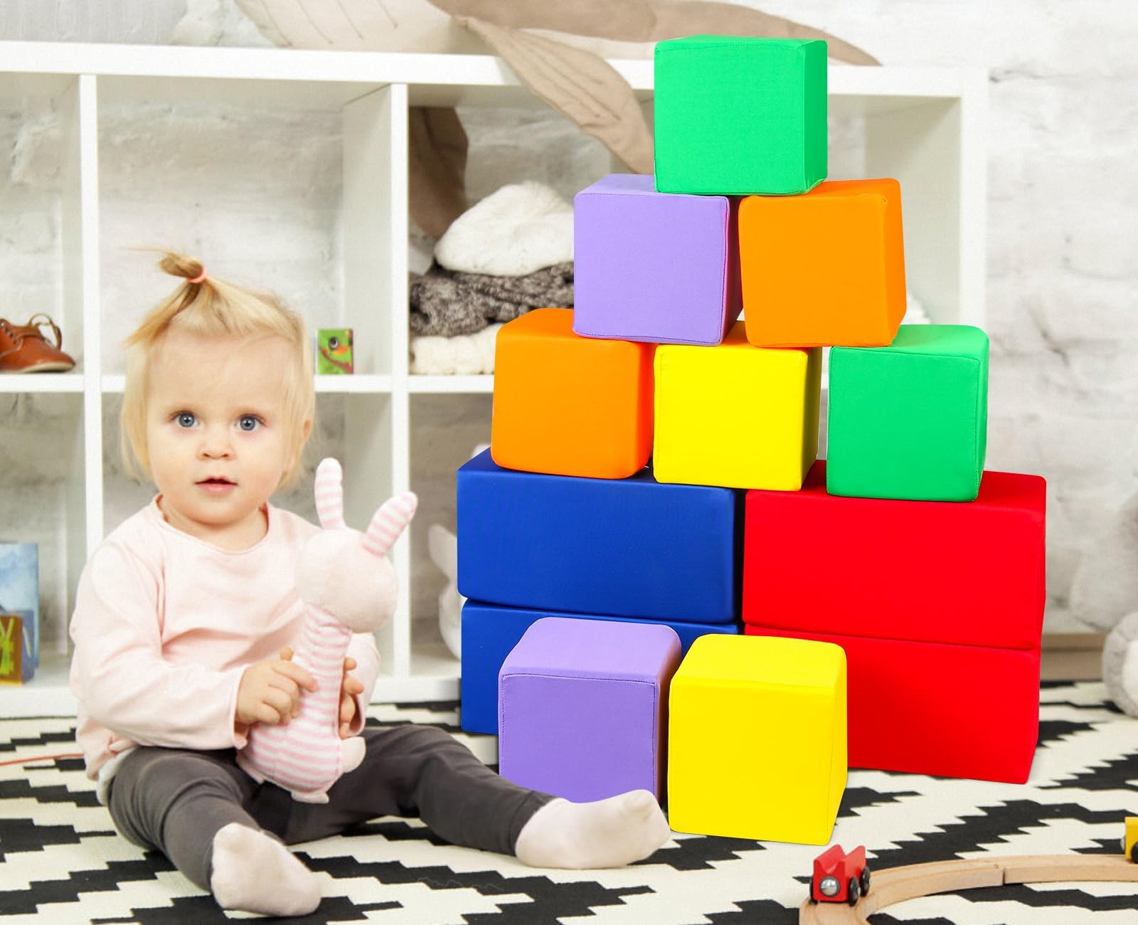 UHAPPYEE Toddler Foam Buliding Blocks - 12 Piece Fabric Covered in 2 Sizes Stacking Block Sets - Colourful Soft Play Set for Kids Idea for Building and Throwing Fun-Blue