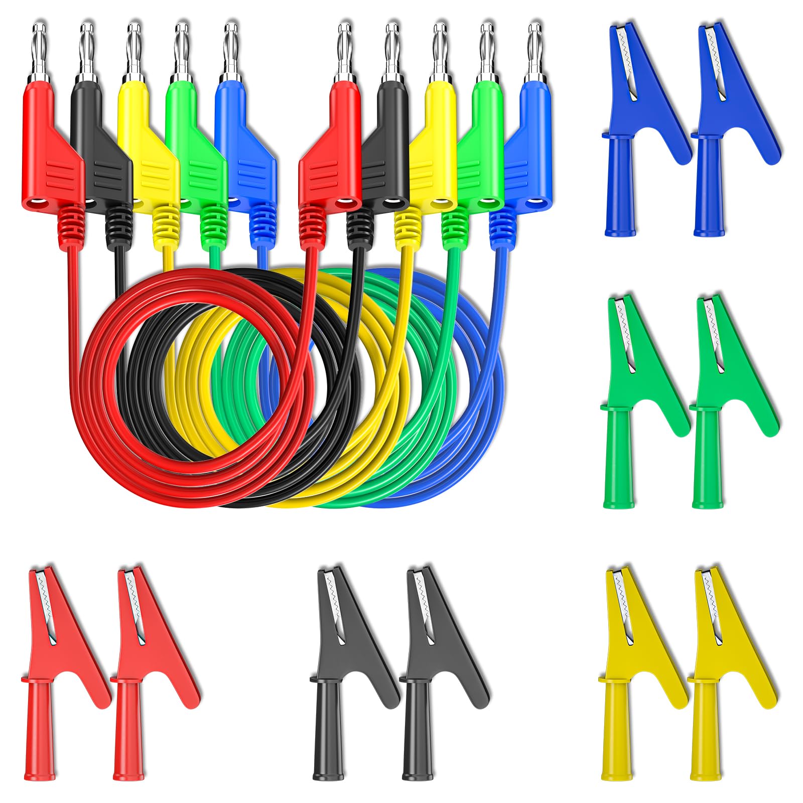 Cleqee 4mm Stackable Banana Plug Test Leads with 10PCS Full Insulated Copper Crocodile Alligator Clips for Multimeter Electrical Testing 5 Colours