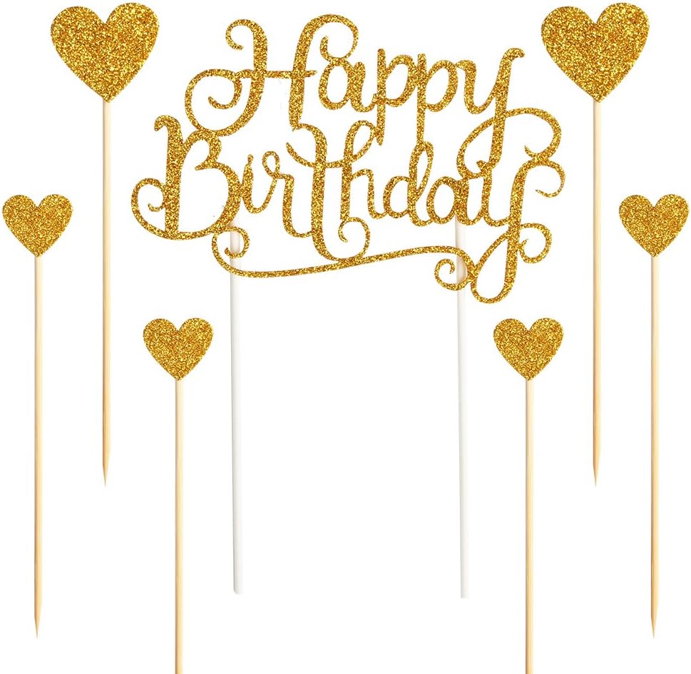 palasasaHappy Birthday Cake Toppers Gold glitter letters"happy birthday"and love star,Party decor Decorations,Set of 7 (Gold)