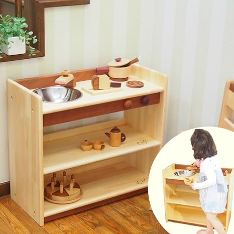 Amazon スプソリ 木製 ままごとキッチン コンパクト ミニサイズ 収納棚 蛇口 シンク 調理台 ガスレンジつき 完成品 食べ物 おもちゃ