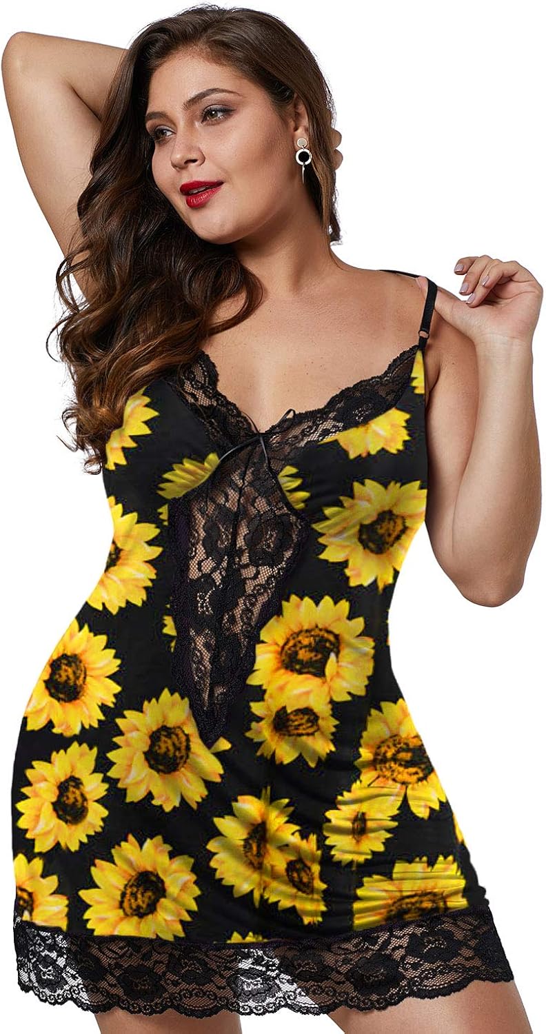 XAKALAKA Women Plus Size Babydoll Lingerie Back Crisscross Lace Trim Chemise Sleepwear at  Women’s Clothing store