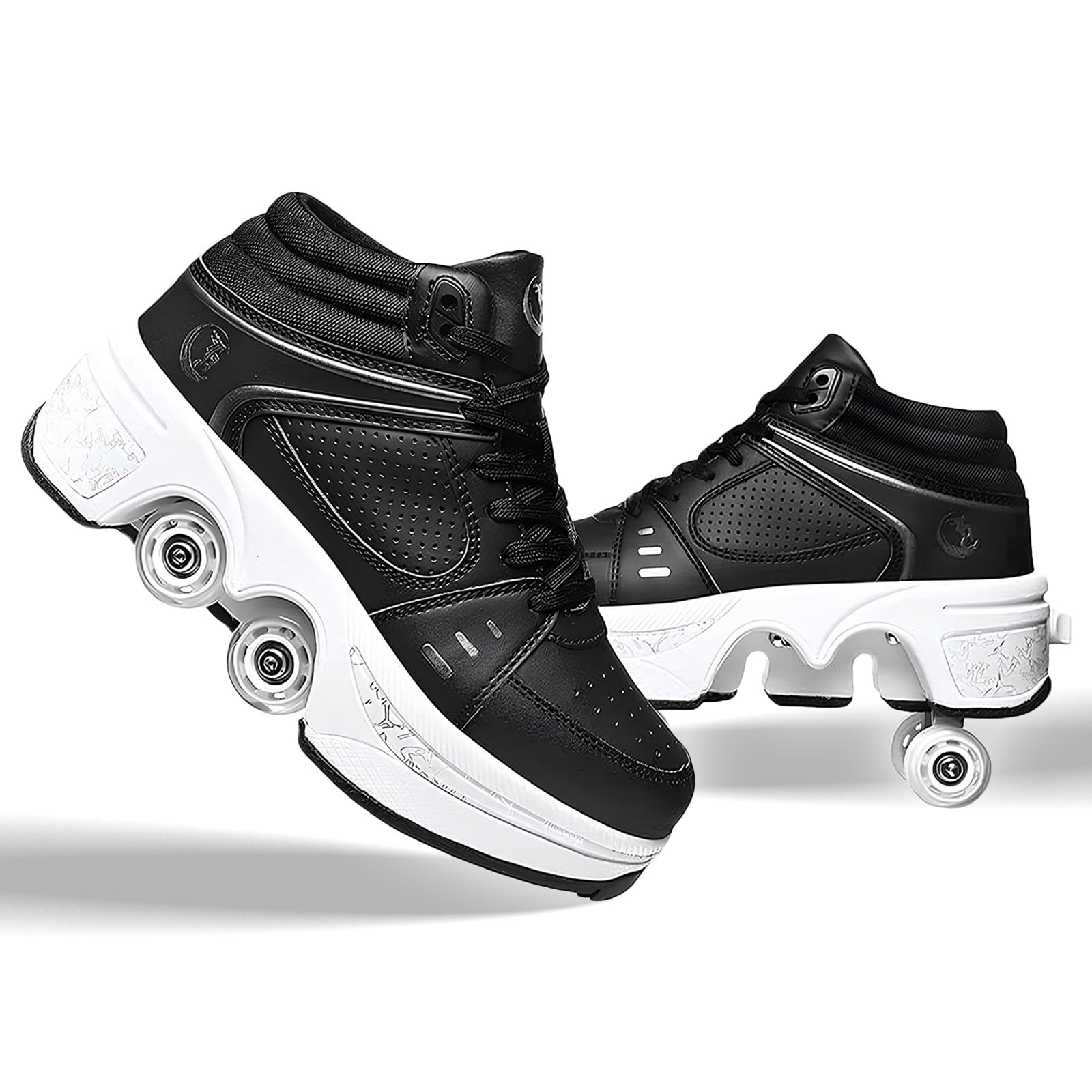 Outdoor roller skates, adjustable roller skates for women, quad skates deformation trainer for adults, sneakers with invisible wheel for beginners (black high top, UK-8.5)