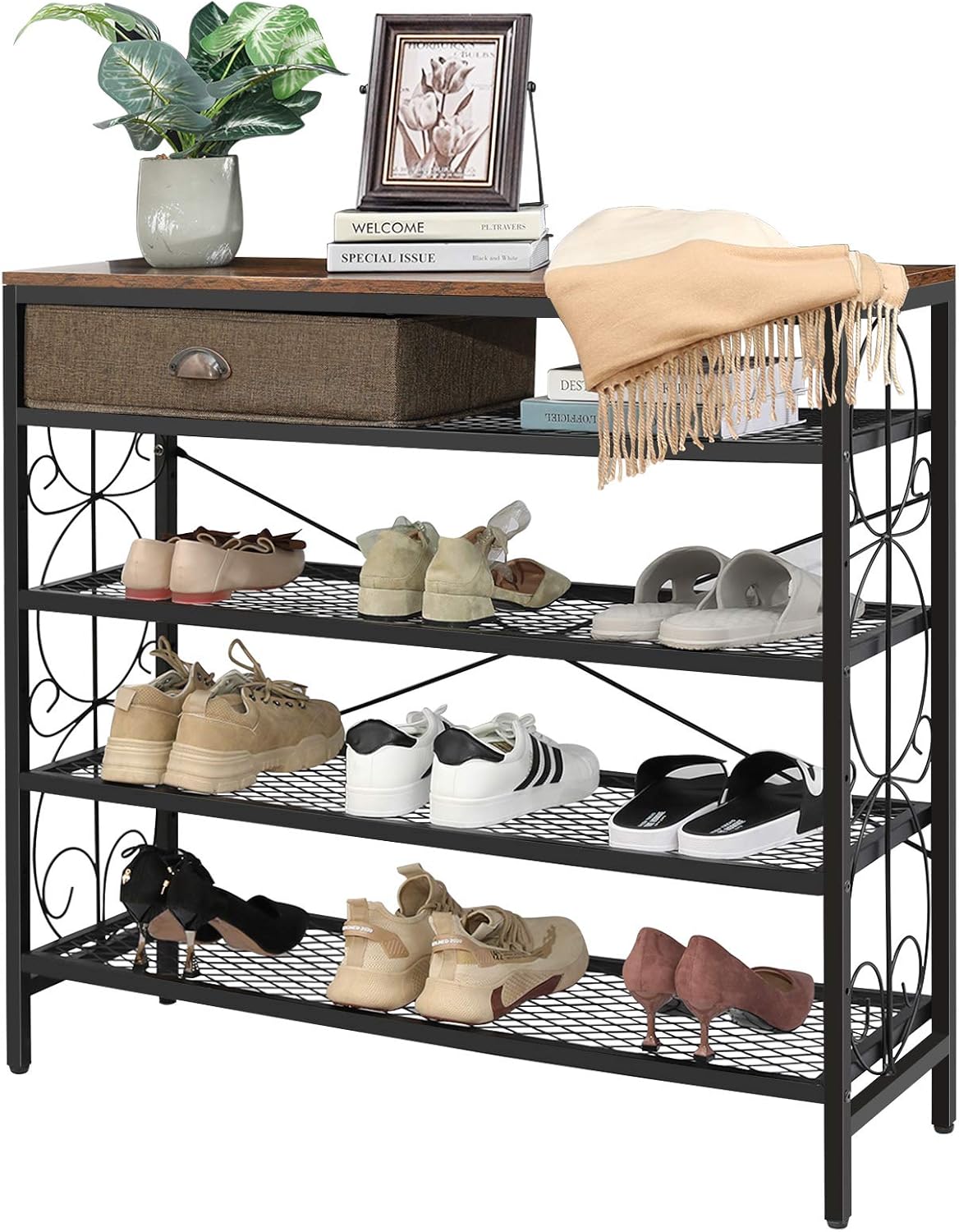 bamboo shoe rack amazon on Amazon Com X Cosrack Shoe Rack 4 Tier Closet Shoe Rack Organizer Industrial Metal Wooden Vertical Shoe Rack Storage Garage Shoe Stand For Closets Entryway Brown Black Home Improvement