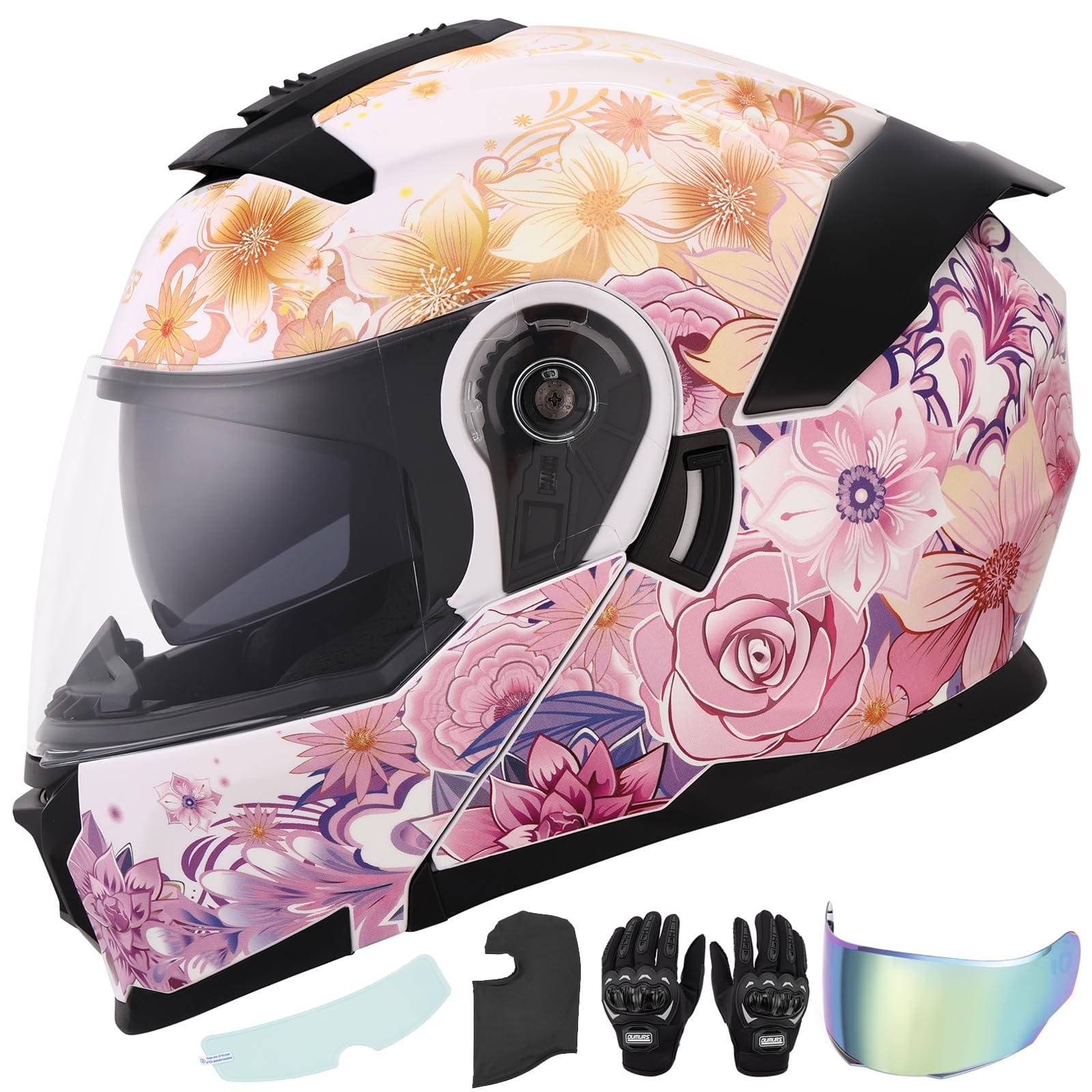 Photo 1 of OUMURS Pink Modular Motorcycle Helmets Full Face Flip up Street Bike Motorcycle Helmet for Unisex Adult Flower Sea - M