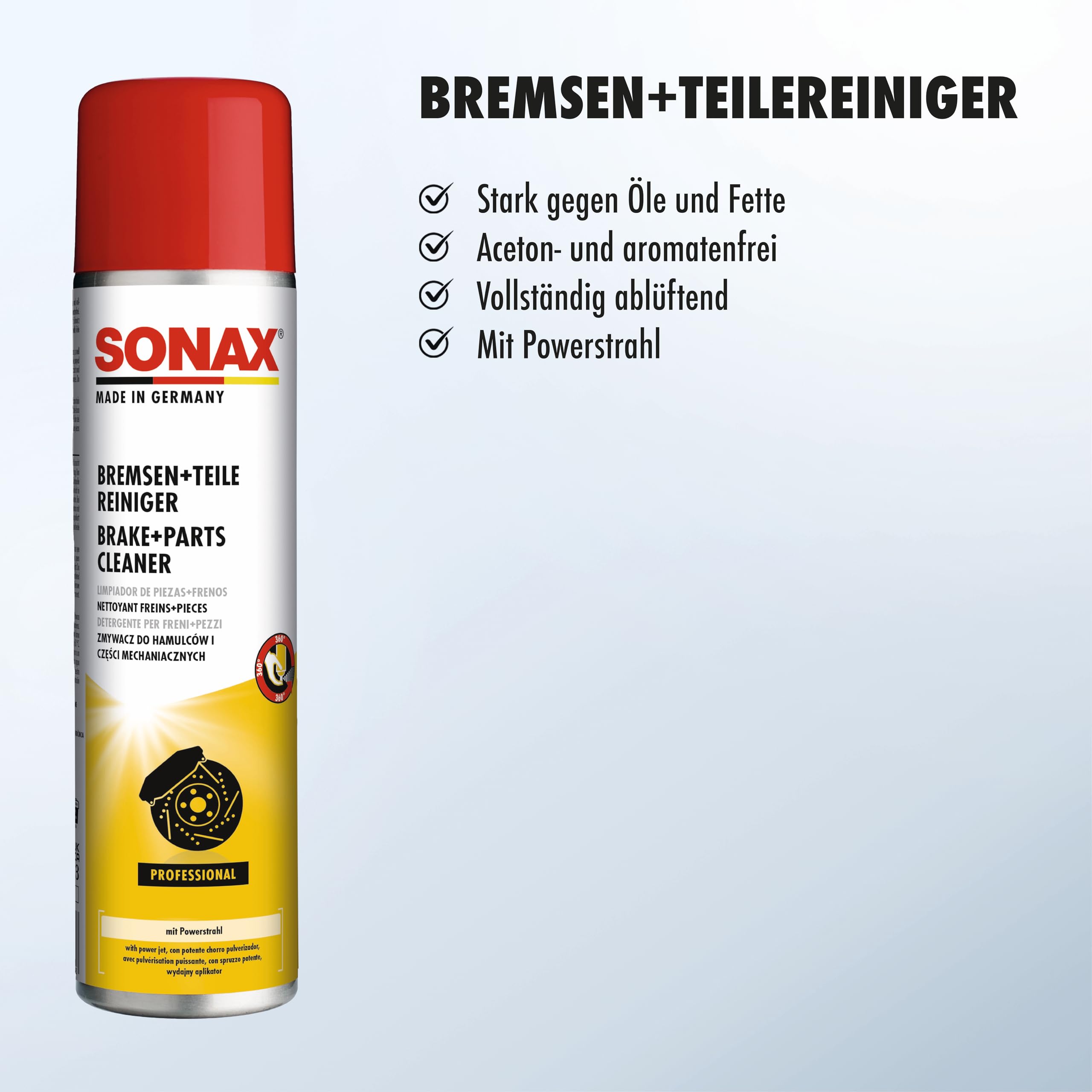 SONAX Bremsen+TeileReiniger (400 ml) entfernt schnell und vollkommen rückstandsfrei Bremsstaub sowie alle öl-, fett- und silikonhaltigen Verschmutzungen und Verkrustungen | Art-Nr. 04834000 3