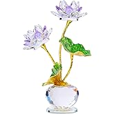 YWHL Purple Crystal Lotus Flower Figurine with Vase, Handmade Lotus Gifts Bouquet for Women on Birthday Christmas Mother's Day, Glass Lotus Flower Home Party Office Decor