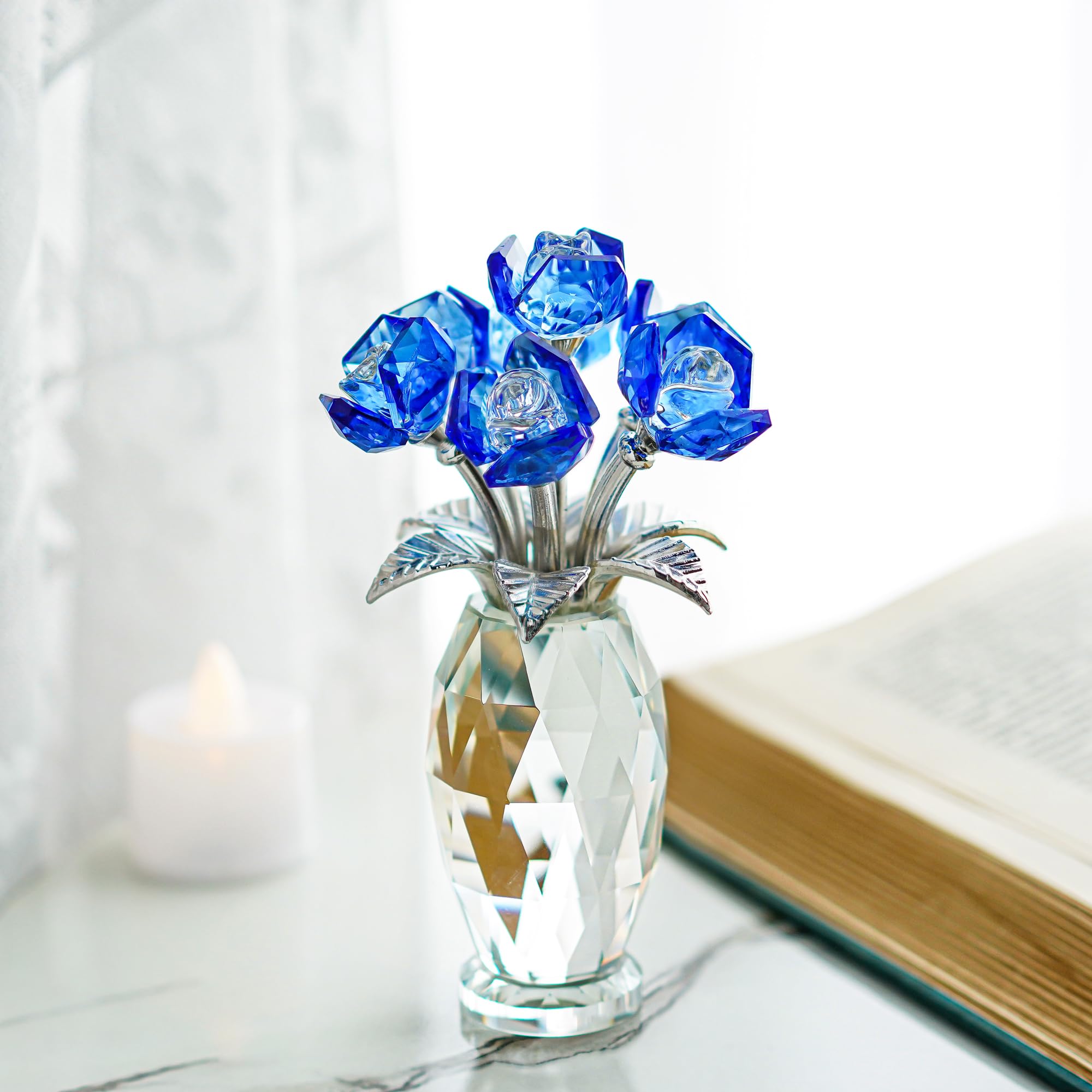 H&D HYALINE & DORA Blue Crystal Rose Flower Figurine,Glass Flower Gifts for Women Girl Wife,Crystal Flowers Bouquet Collectible for Valentine's Day Wedding Anniversary