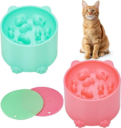 Hejo 2-Pack Raised Slow Feeder Cat Bowls Pink Green with Anti-Skid Mat