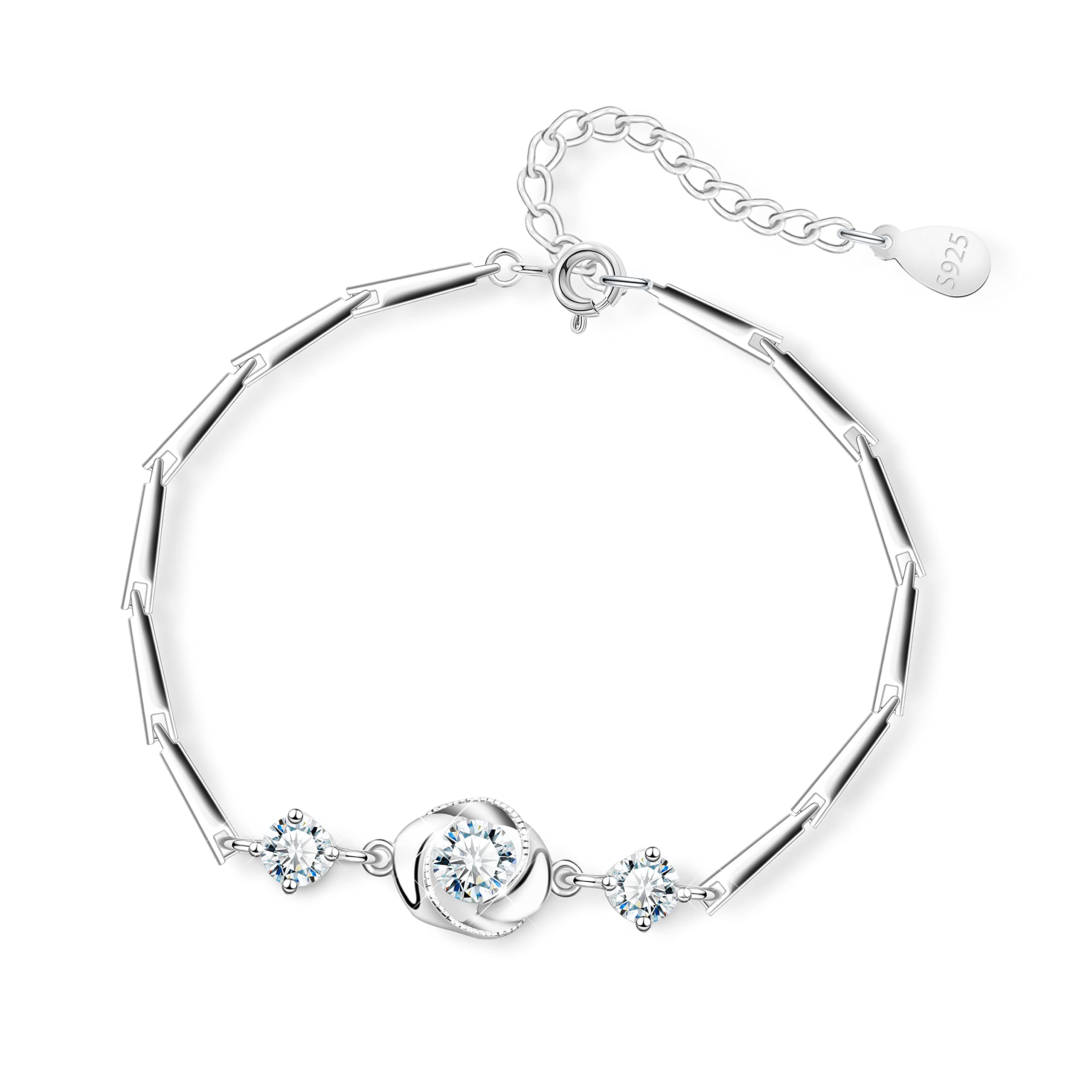 KristLand Cubic Zirconia Silver Bracelet 925 Sterling Silver Bracelet Sparkly Cubic Zirconia Hand Chain White Gold Plated Adjustable Silver Bracelet Gifts for Ladies Girl