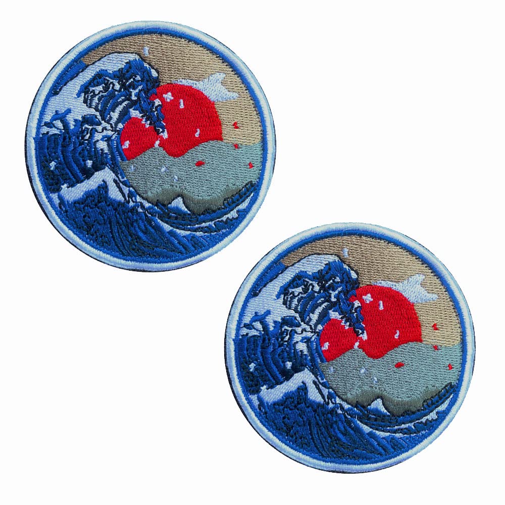 2 Pcs Anime Kanagawa Great Wave Off Patch Embroidered Applique Badge Hook and Loop Fastener Sew On Emblem Anime Funny Patch for Clothes Jeans Jackets Uniform Vest Harness Collect — image 1