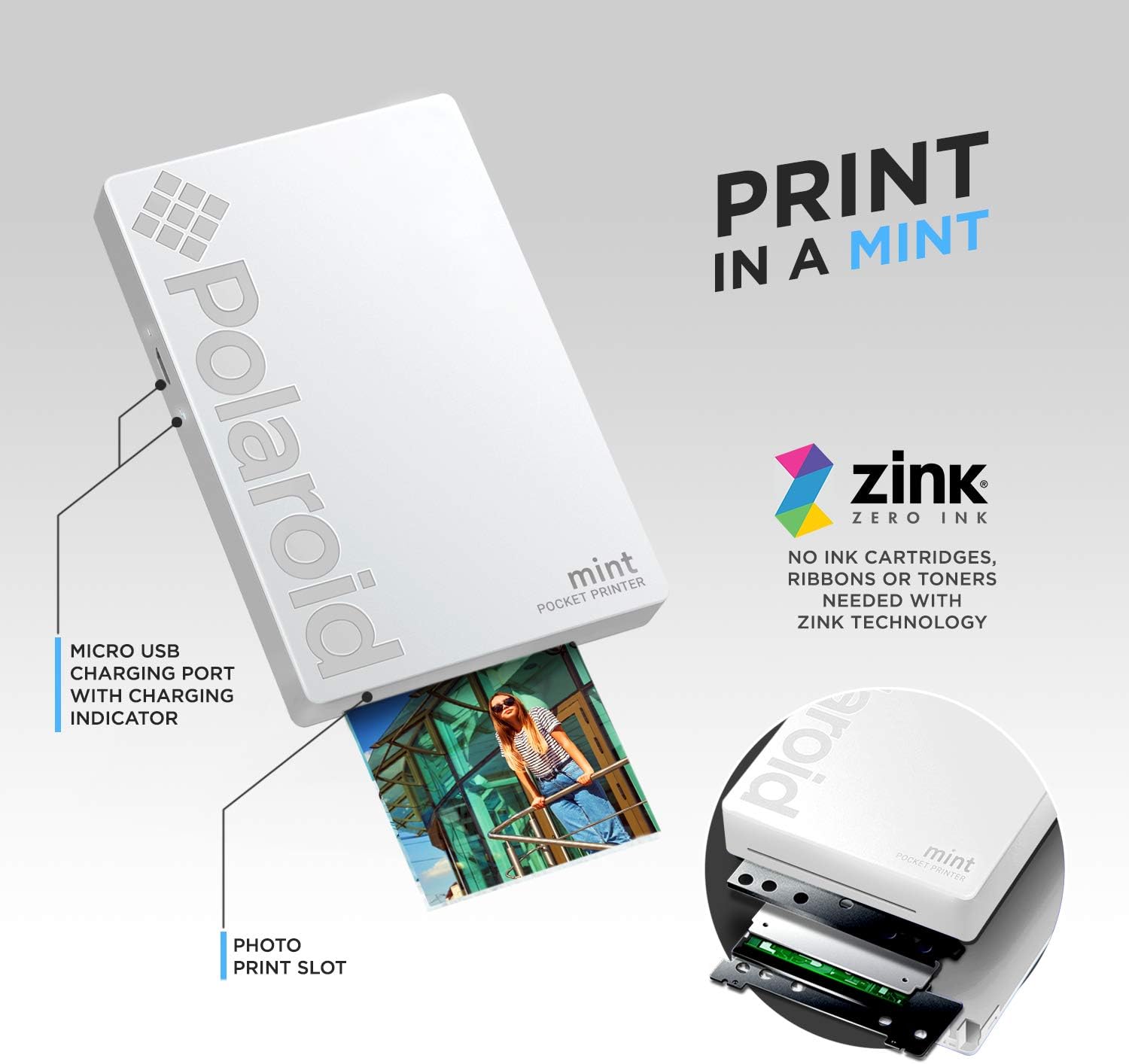 polaroid mint pocket printer zero ink technology bluetooth