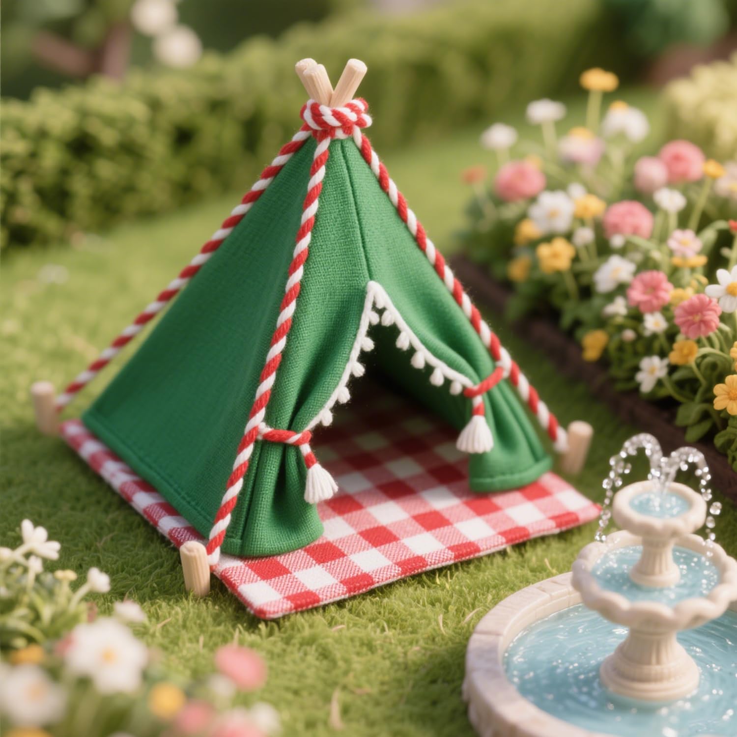 Minamzee 1:12 Dollhouse Camping Bed Tent, Mini Green Cloth Tent with Carpet, Miniature Outdoor Furniture Accessories for Bedroom,Patio and Garden