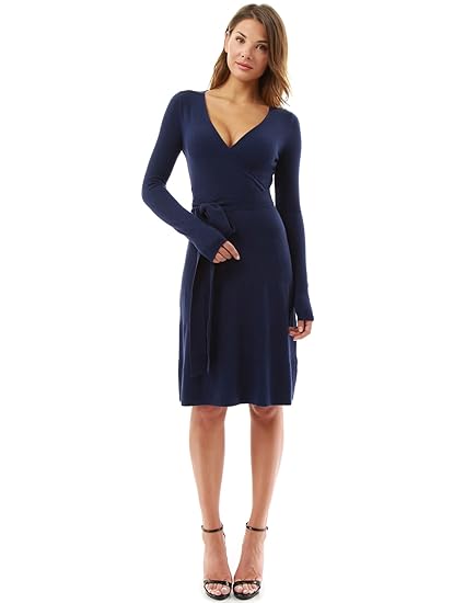 PattyBoutik Damen Strickkleid, langärmlig mit V-Ausschnitt und Gürtel