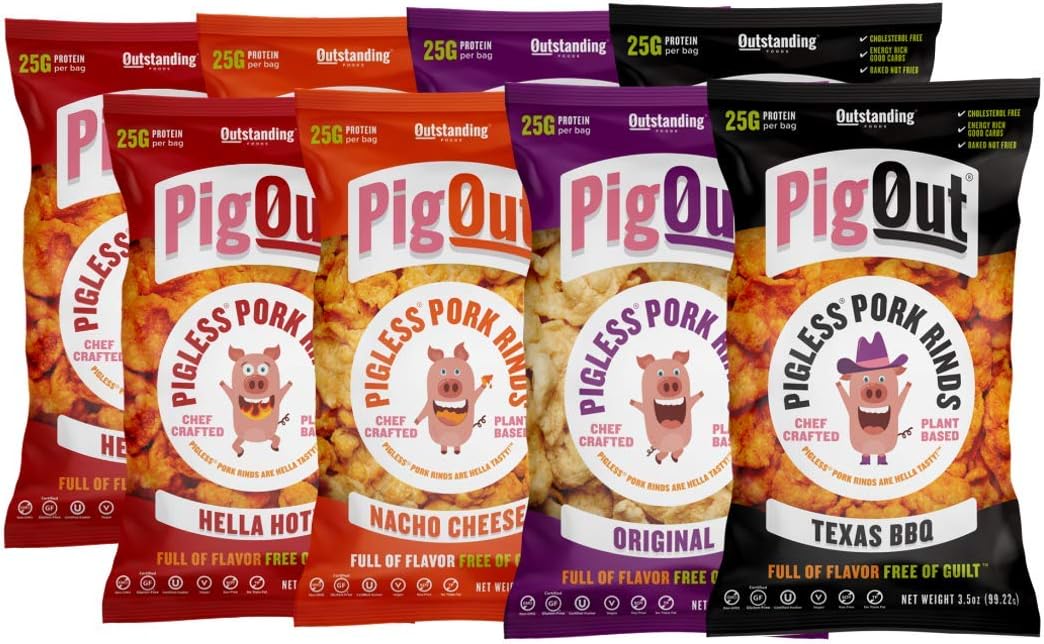 PigOut Pigless Pork Rinds | High Protein & Low Sugar | Plant-Based, Gluten Free, Kosher, Non-GMO | Variety, 3.5oz, 8 Pack
