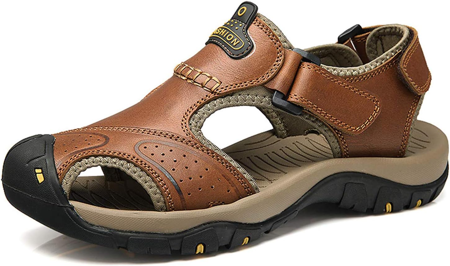 T-Gold Mens Leather Walking Sandals Outdoor Closed-Toe Trekking Shoes(6.5 UK,Brown)