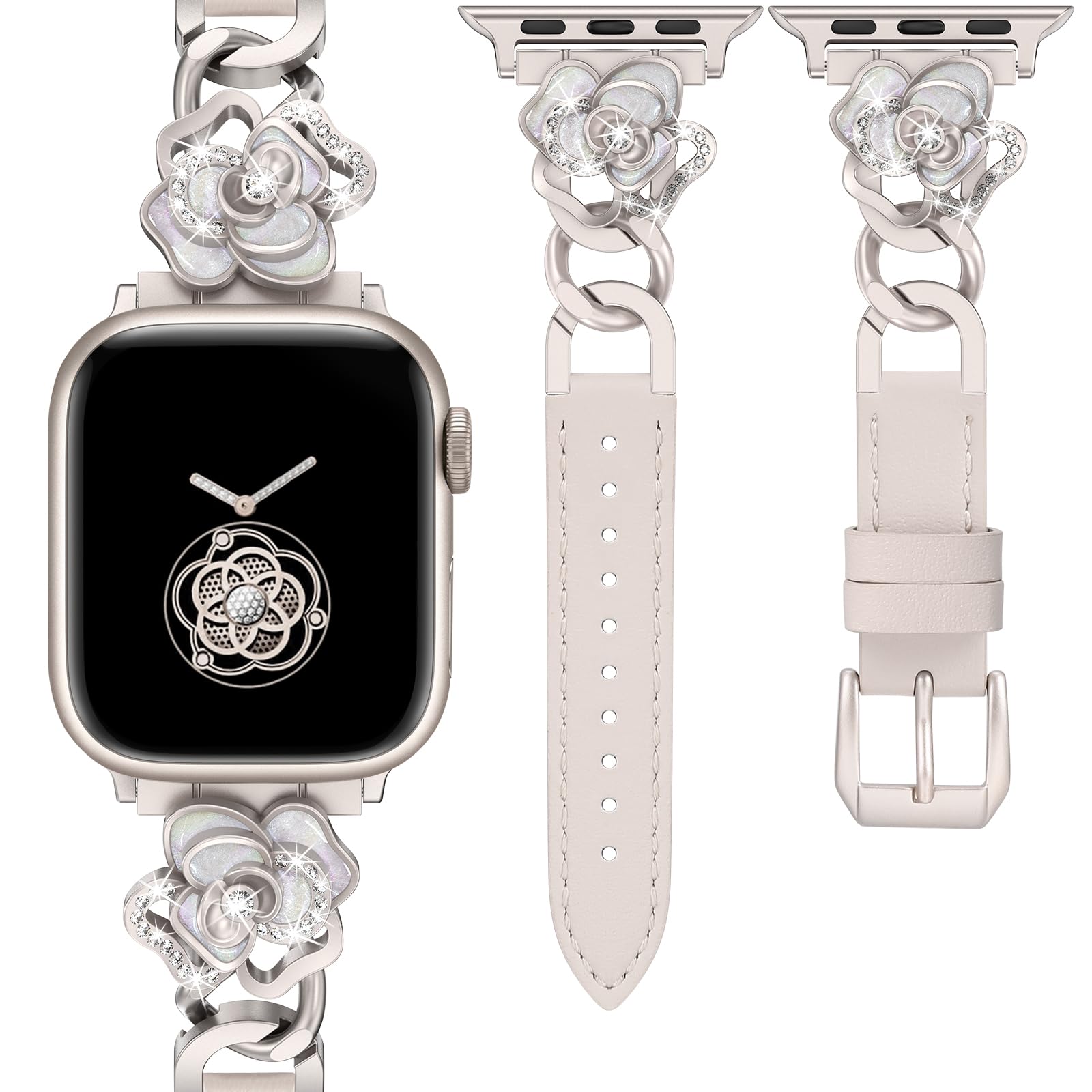 Photo 1 of Minyee Compatible with Apple Watch Band 38/40/41/42mm Women, Dressy Slim Elegant Leather Metal Link Chain Strap with Bling Camellia Charms for iWatch Ultra 2 Series 10/9/8/7/6/5/4/3/2/1/SE, Starlight