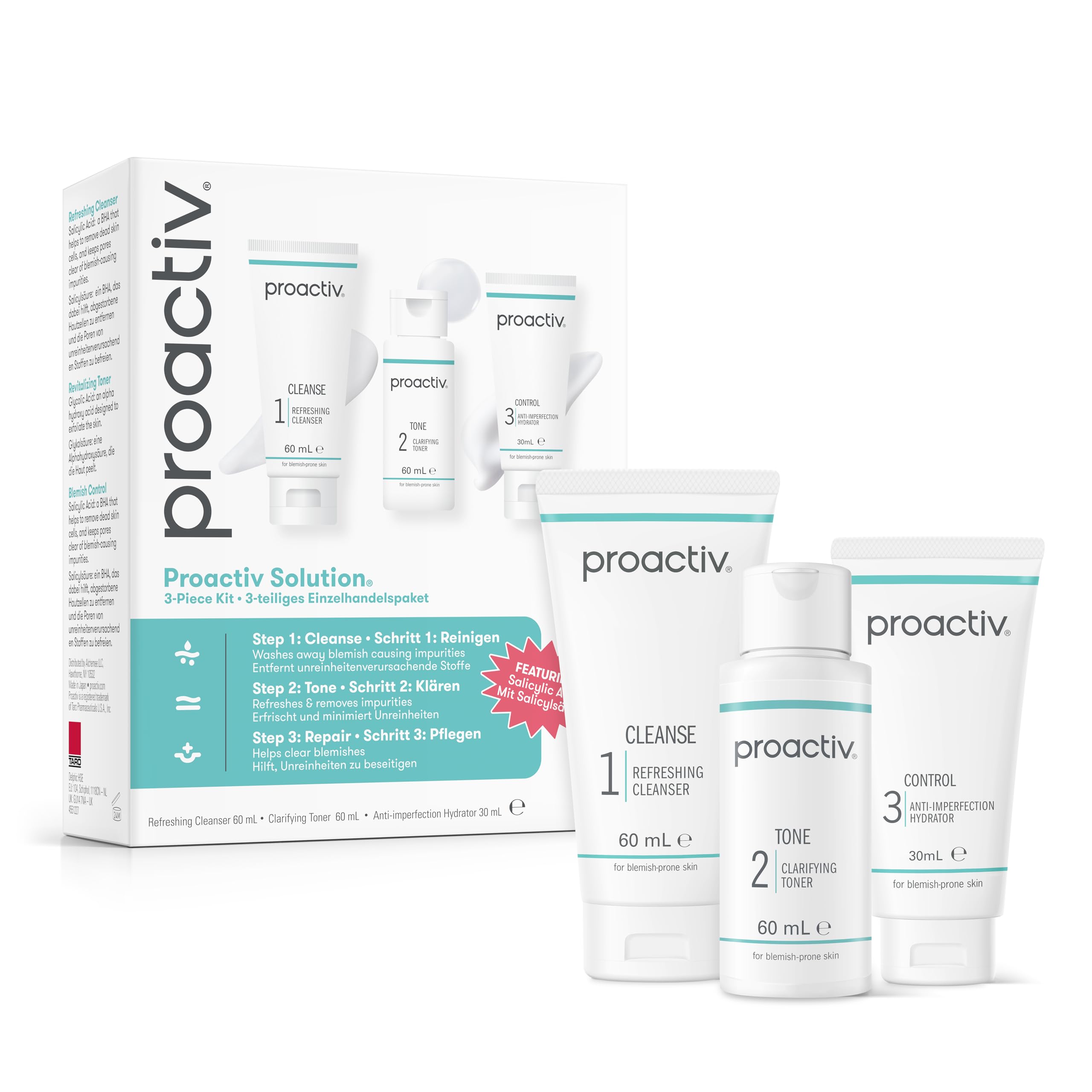 Proactiv Solution 30 Day Facial Cleansing 3-Step Routine, 1 x Cleanser 60 ml, 1 x Facial Toner 60 ml, 1 x Hydrator 30 ml (Pack of 1)