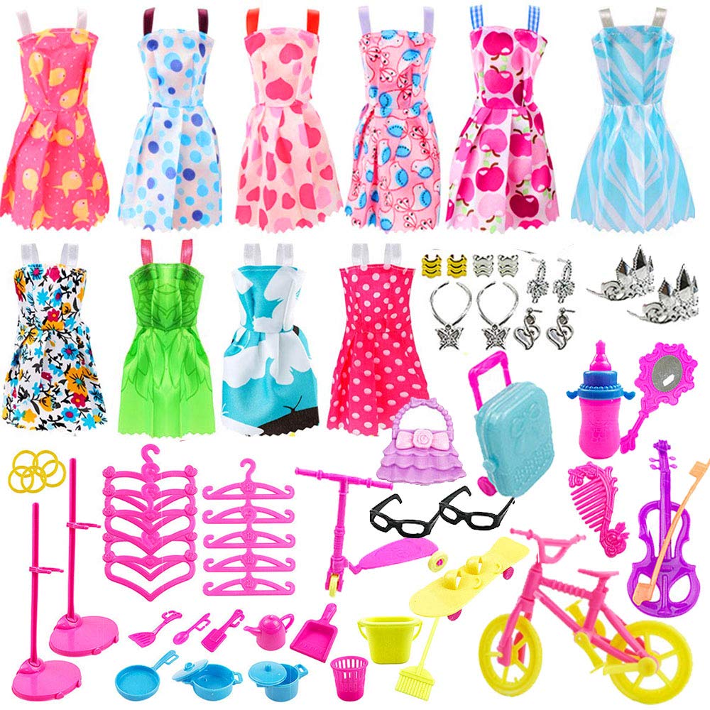 HolidayWow 88Pcs accessori per Barbie Doll vestiti abito partito abiti-10 pezzi abiti da festa e 78 PC biciclette scarpe famiglia per il regalo di compleanno ragazza