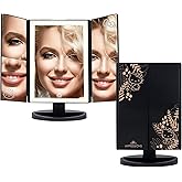 Impressions Vanity Hello Kitty Mirror with Lights, Trifold LED Tri Tone Makeup Mirror with Touch Sensor and Three Adjustable Mirror Panels, Handheld Magnifying Makeup Mirror (Black)