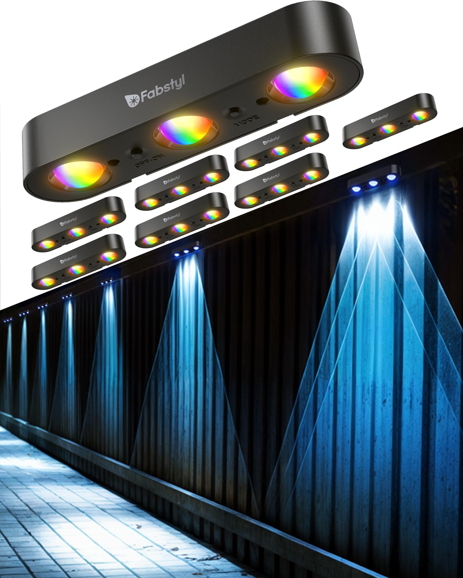 Photo 1 of FabStyl Solar Outdoor Fence Lights 8 Pack, Upgraded 50LM RGB Outdoor Wall Lights with Sync Group Control & 10 Light Modes, Fence Solar Light Outdoor Waterproof IP65 for Outside Porch Wall