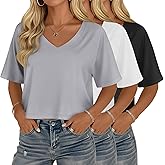 Velvelhall 3 Pack Women's Cropped Tops V Neck Half Sleeve Crop T-Shirts Raglan Sleeve Loose Fit Casual Summer Basic Tees
